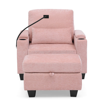 Single sofa recliner with manually adjustable backrest, USB charging port on the armrest side, phone stand included, hidden armrest storage, and a matching storage ottoman-Pink