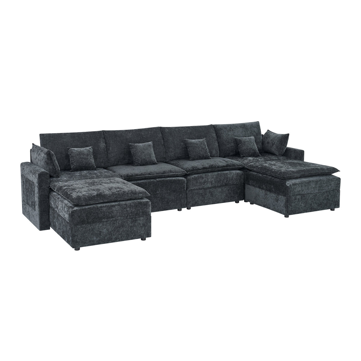132' Cloud Modular Sectional Sofa, Deep Seat U Shaped Couch with Ottoman, Chenille Upholstered Sofa with Chaise, Plush Cushions, 6 Seat Modern Comfy Couch for Living Room & Apartment, Black