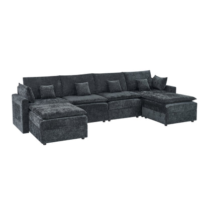 132' Cloud Modular Sectional Sofa, Deep Seat U Shaped Couch with Ottoman, Chenille Upholstered Sofa with Chaise, Plush Cushions, 6 Seat Modern Comfy Couch for Living Room & Apartment, Black