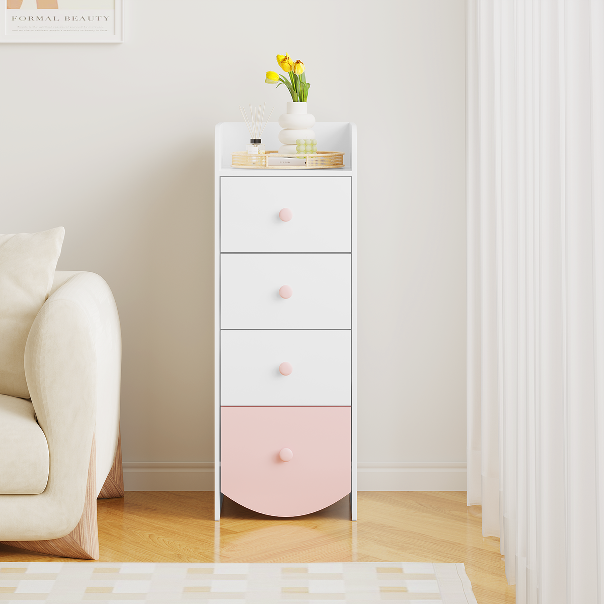 Kids Dresser with 4 Drawers, Narrow Storage Cabinet for Kids Room, MDF Chest of Drawers with Round Bottom Design, Nursery Bedroom Organizer, White