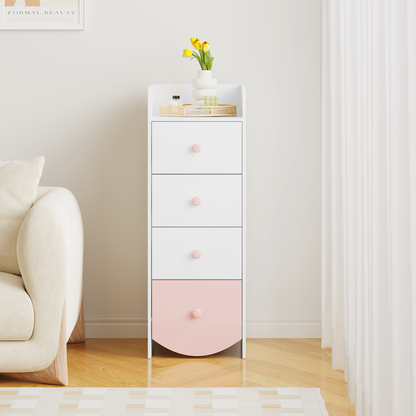 Kids Dresser with 4 Drawers, Narrow Storage Cabinet for Kids Room, MDF Chest of Drawers with Round Bottom Design, Nursery Bedroom Organizer, White