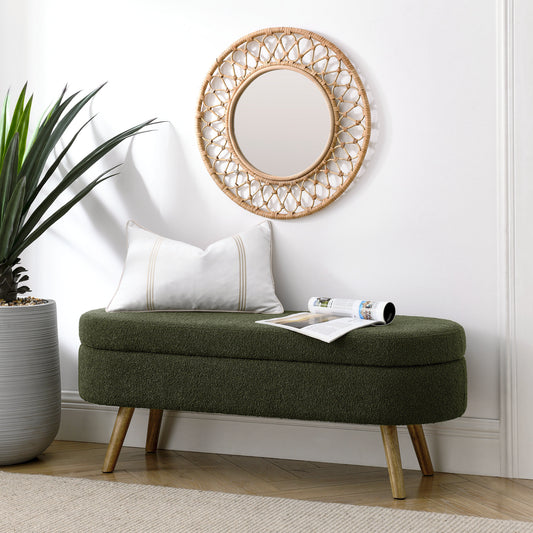 Elegant Ottoman Oval Storage Bench with Rubber Wood Legs in Green, Foam Upholstery, 43.5'x16'x16"