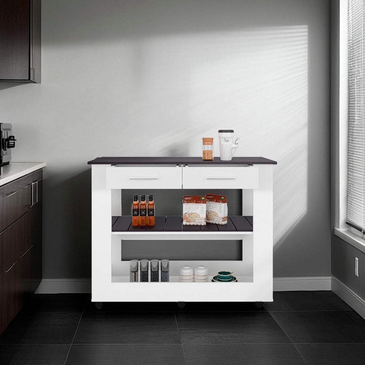 Kitchen island  with Open Storage and 3 Shelves, White