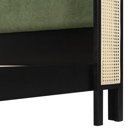 Queen Size Bed Frame with Green Headboard, Black with Green Solid Wood  Bed, No Box Spring Required, Modern Bedroom Furniture