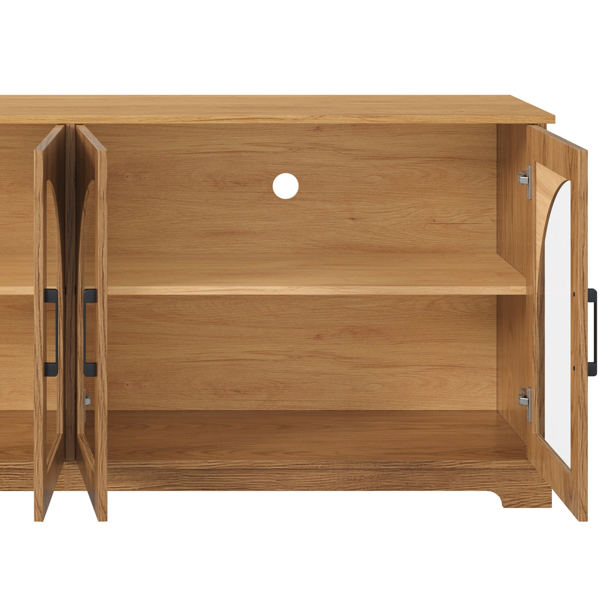 Farmhouse TV Stand with Semi-Arched Glass Doors for TVs Up to 70", Elegant Two-Tone Media Console with Adjustable Shelves, Wood Grain Sideboard with Cable Management for Living Room, Brown+Natural