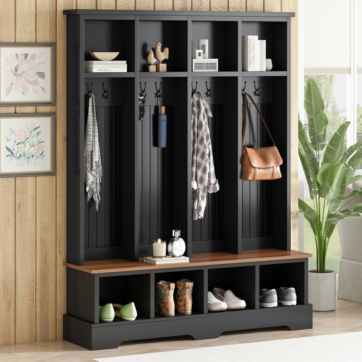 Farmhouse Hall Tree with 8 Hooks, Practical Entryway Bench with Open Compartments, 76.7'H Modern 3-in-1 Wooden Style Coat and Shoe Rack for Mudroom, Living Room, Black