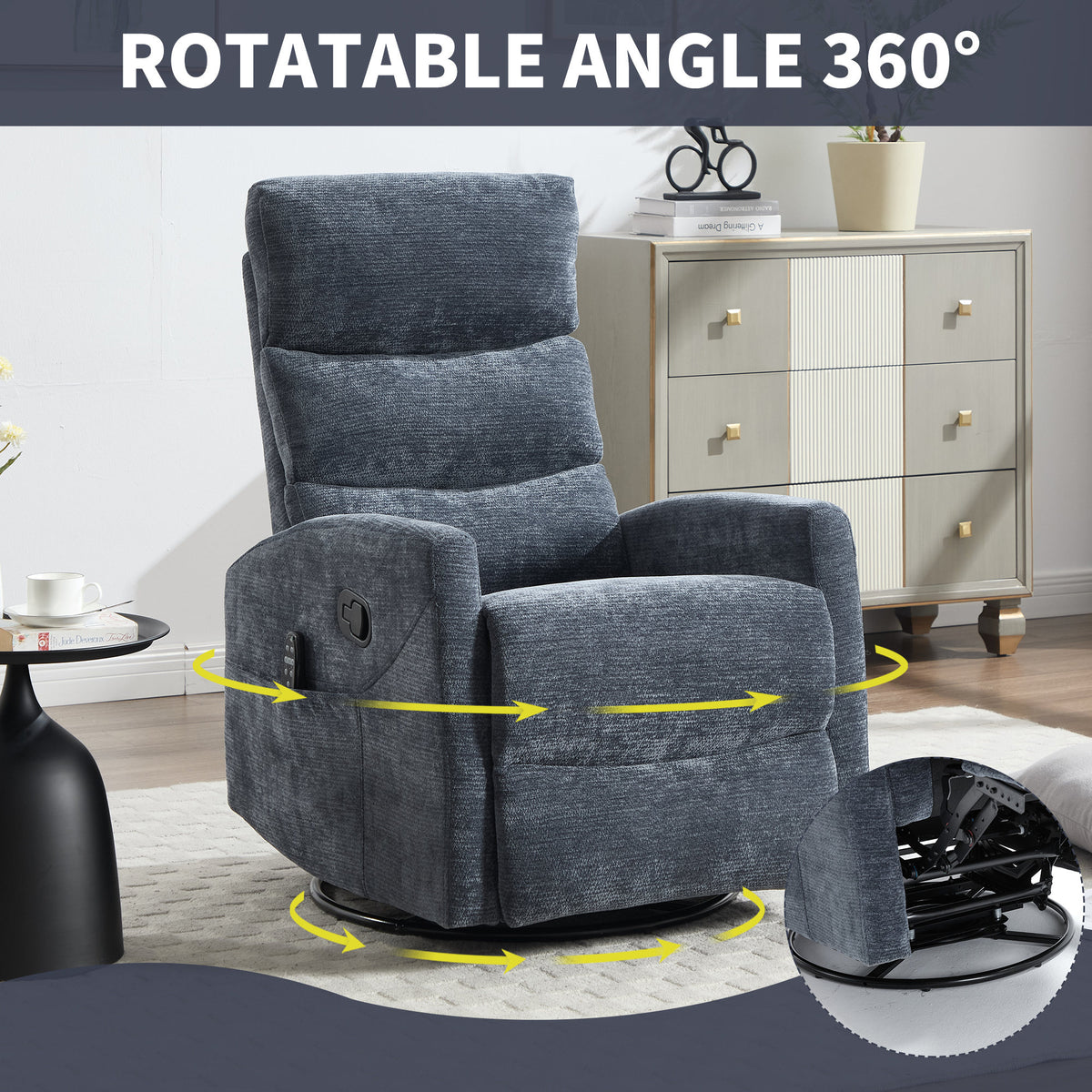Heat Massage Manual Recliner Chair with Rocker and Swivel in Fabric, Blue – Model W3224P322248