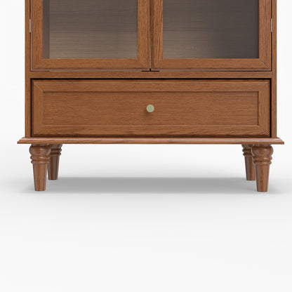 Vintage Farmhouse Arched Glass Accent Cabinet, MDF Real Wood Veneer Display Storage Cabinet with Solid Wood Legs, Adjustable Shelves & Drawer, Antique Glaze Finish