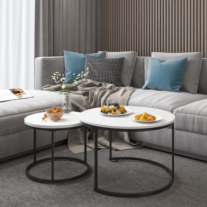 Nesting Coffee Table Set of 2, 27.6inch Round Coffee Table Wood Marble Pattern Top with Sturdy Metal Frame - White