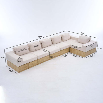 6-seat Modular Sectional Sofa with Storage Drawers, Multi-Functional L-Shaped Couch with Built-In Cabinet Base and Center Table Design, Convertible Combination Sofa Set, Modern Upholstered Sofa