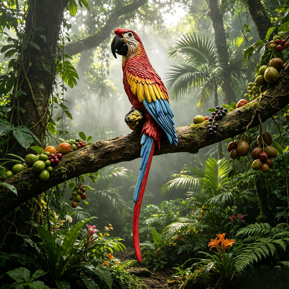 Hanging Scarlet Macaw Parrot Statue, 38'' Lifelike Hand-Painted Resin Bird Figurine Weatherproof Outdoor Tropical Sculpture for Porch, Balcony, Tree & Patio Garden Yard Decor, Cute Animal Ornament Gi