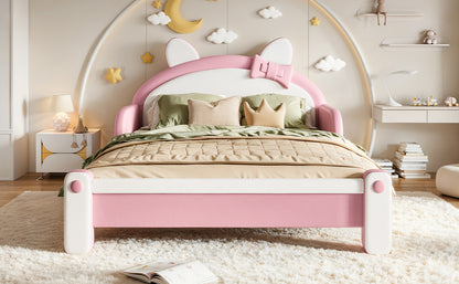 Full Cute Cat Shaped Upholstered Kids Platform Bed, Princess Style Low Profile Children Bed Frame for Bedroom,white&Pink