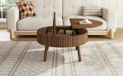 Modern Round Lift-Top Coffee Table with Half Flip-Top & Hidden Storage, Solid Wood Mid-Century Coffee Table with Fluted Design, 30.3' Walnut Space-Saving Center Table for Living Room