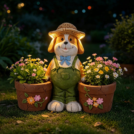 Magnesium Oxide Dog Statue Planter with Solar LED Lights in Ears, Dual Flower Pots Garden Decor, 21.26', for Patio & Doorway