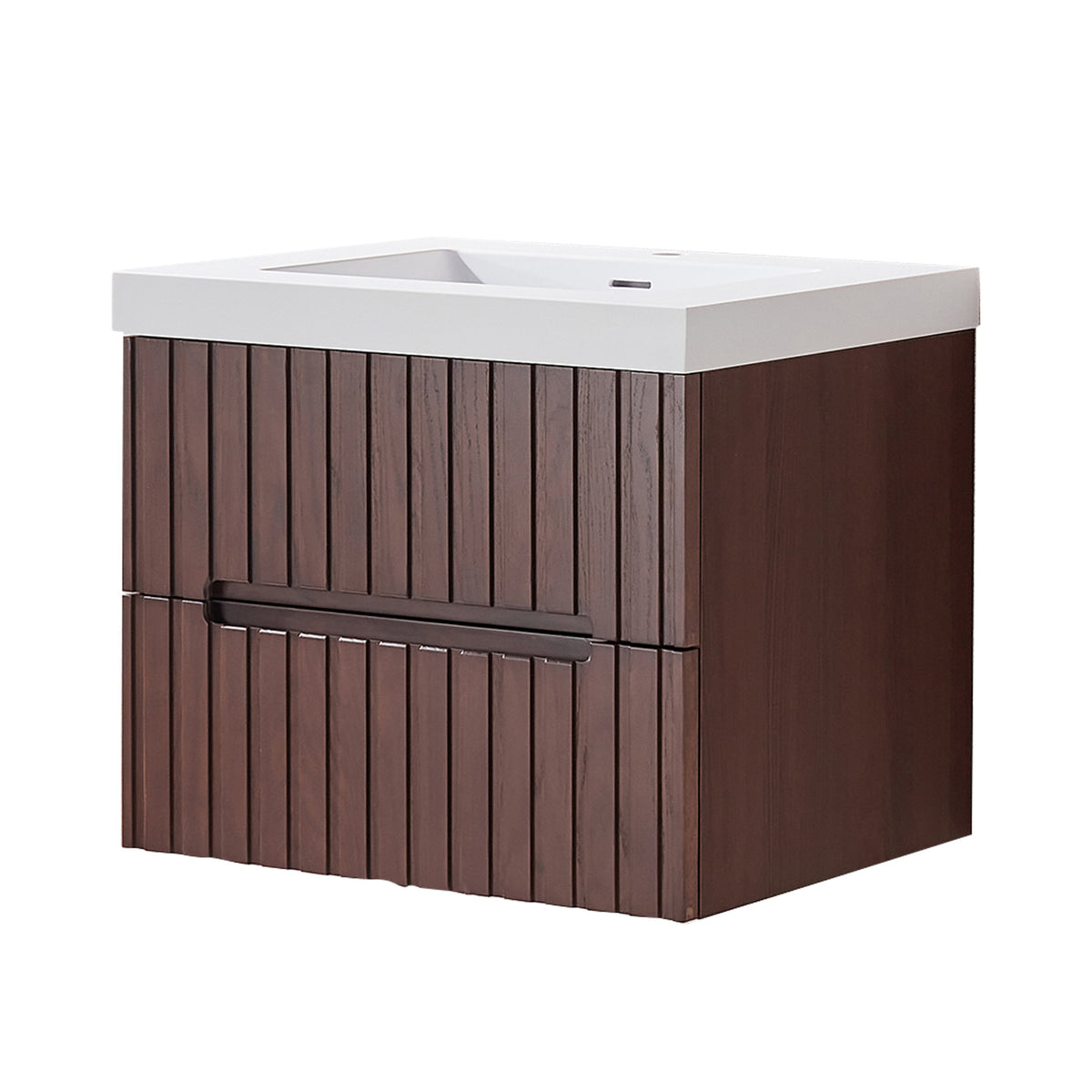 24' Wall Mounted & Floating Single Dark Walnut Bathroom Vanity with Acrylic Integrated White Basin, Pre-assembled Plywood Cabinet With 2 Drawers