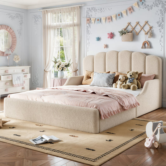 Queen Teddy Fabric Upholstered Floor bed, Stylish Upholstered Kids bed, Low Profile Children Bed Frame, Soft Plush Upholstered Floor bed for Kids &Teens.Beige