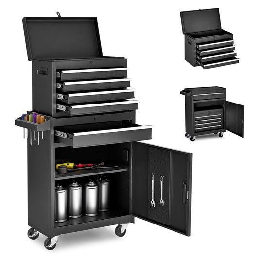 Tool Chest, 5-Drawer Rolling Tool Storage Cabinet with Detachable Top Tool Box, Liner, Universal Lockable Wheels, Adjustable Shelf – Black