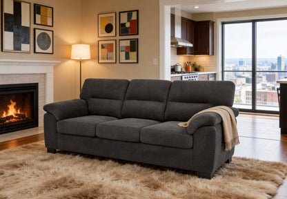 3-Seater Sofa, Dark Gray Upholstered Couch, Modern Living Room Furniture, Textured Fabric Sofa, Minimalist Settee, Comfortable Armchair, Sturdy Frame Sofa