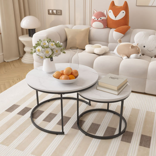 Nesting Coffee Table Set of 2, 27.6inch Round Coffee Table Wood Marble Pattern Top with Sturdy Metal Frame - White