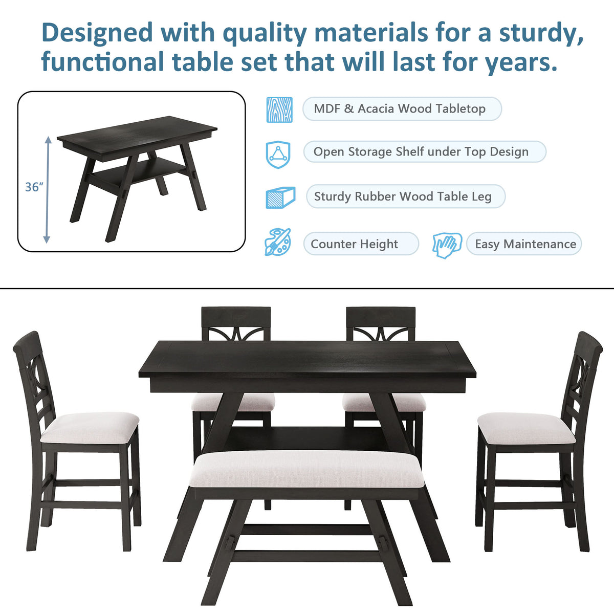 TOPMAX 6-Piece Wood Counter Height Dining Table Set with Storage Shelf, Kitchen Table Set with Bench and 4 Chairs, Rustic Style