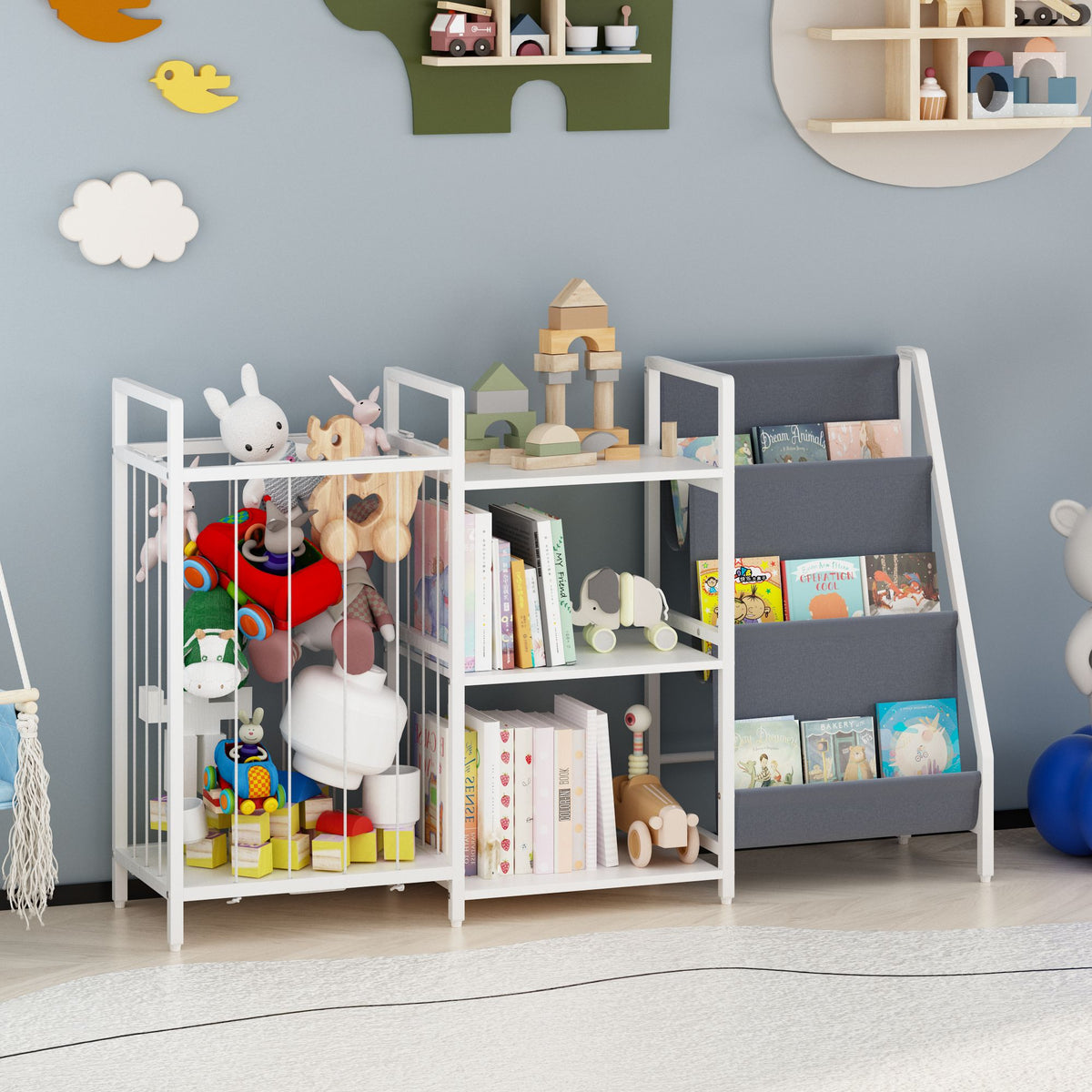 Kids Bookshelf and Toy Storage, 3-in-1 Book Shelf for Kids Rooms, Sling Baby Bookcase with Stuffed Animal Storage, Toddler Montessori Bookshelf for Nursery, Playroom, Kindergarten, Gray