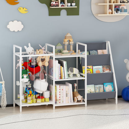 Kids Bookshelf and Toy Storage, 3-in-1 Book Shelf for Kids Rooms, Sling Baby Bookcase with Stuffed Animal Storage, Toddler Montessori Bookshelf for Nursery, Playroom, Kindergarten, Gray