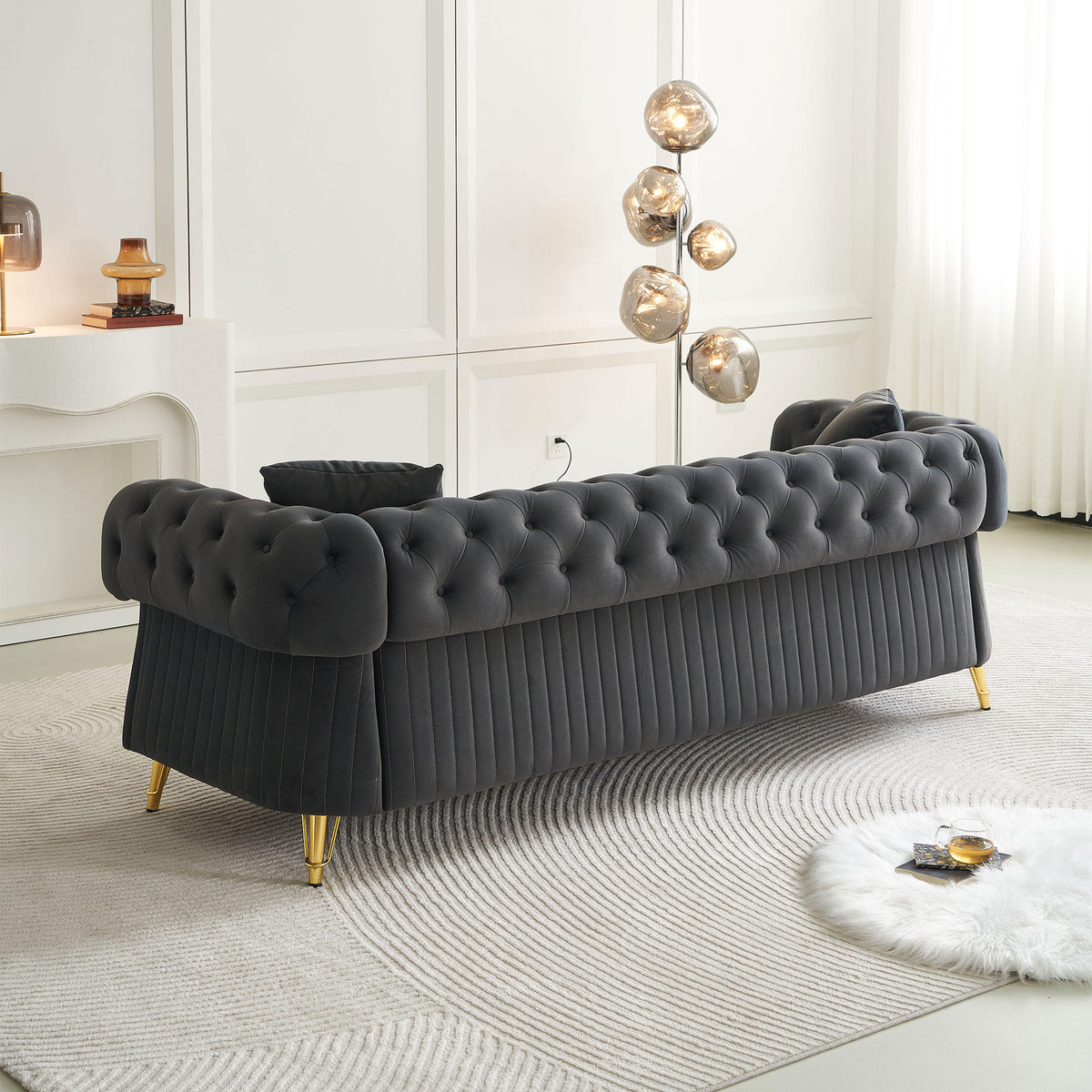Chesterfield Modern Tufted Velvet Living Room Sofa, 84.25''W Couch,Dark Grey