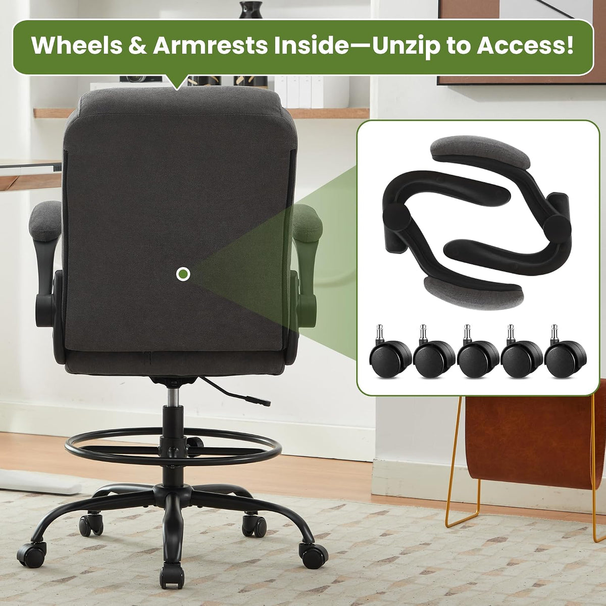 Drafting Chair Tall Office Chair for Standing Desk, Ergonomic Tall Desk Chair with Adjustable Foot Ring, Flip-Up Armrests, Lumbar Support, Comfortable Fabric Seat – Ideal for Home and Office