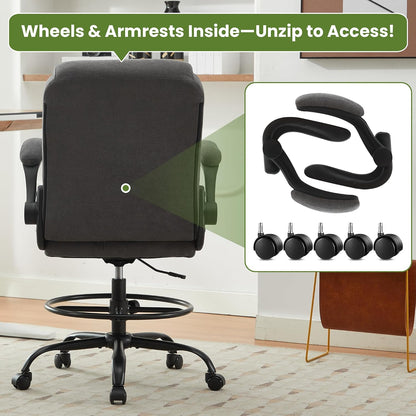 Drafting Chair Tall Office Chair for Standing Desk, Ergonomic Tall Desk Chair with Adjustable Foot Ring, Flip-Up Armrests, Lumbar Support, Comfortable Fabric Seat – Ideal for Home and Office