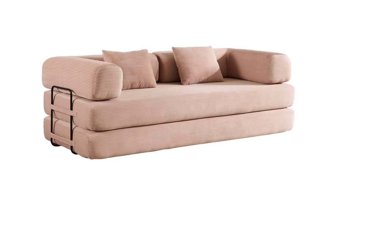 Convertible Sleeper Sofa Bed with Cylindrical Pillow, Corduroy Folding Mattress Couch with Fixed-Shape Frame, Floor Sofa Lounge Couch - Pink