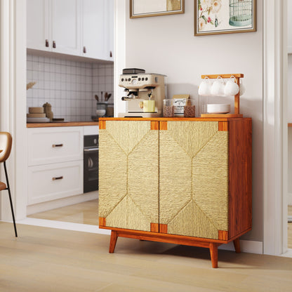 Mid Century Boho Freestanding Accent Cabinet, Handmade Paper Rope Woven Push-to-Open Double Doors, , Adjustable  Shelf, Sideboard Storage Cabinet for Kitchen Entryway  Living Room
