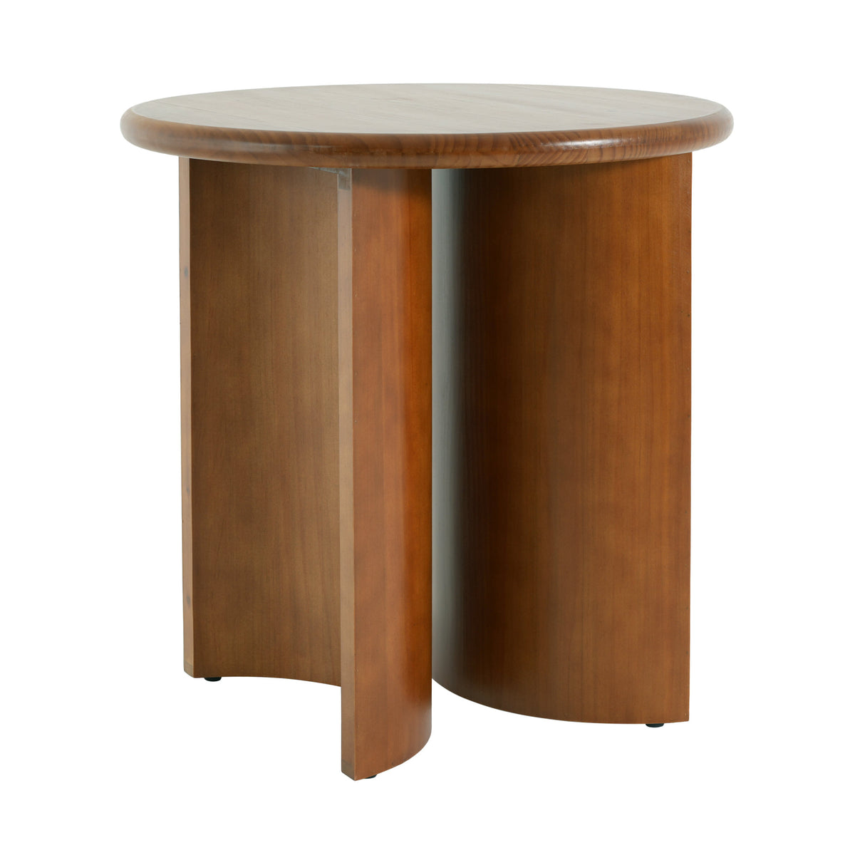 Walnut Finish Pine Wood Round Side Table with Unique Fan-Shaped Legs, Mid-Century Modern Accent End Table for Living Room