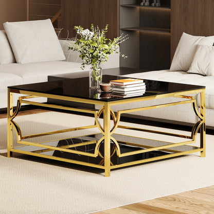 Square Glass Coffee Table in 33.5", Luxurious Geometric Metal Frame, Gold Finish & Lower Shelf