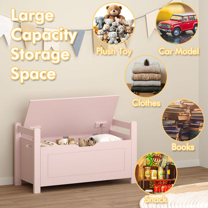Kids Toy Box Chest for Boys Girls, Large Storage Cabinet with Cushion Seat Bench/ Flip-Top Lid/ Safety Hinge, Toy Storage Organizer Trunk for Nursery, Playroom (Pink)