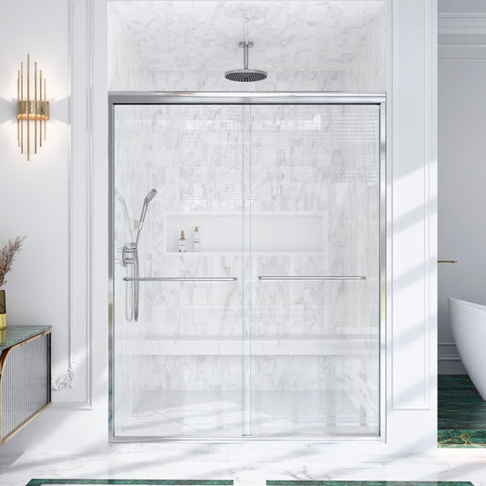 (NEW) 56'-60'W*72' H Semi-Frameless Double Sliding Shower Door, Bypass Shower Door, 1/4' (6mm) Thick SGCC Tempered Glass Door, Chrome