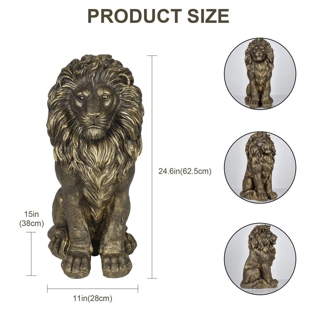 24.61' Outdoor Lion Statue, Magnesium Oxide Stone Composite Animal Sculpture Statue Decor for Front Door, Yard Patio Garden, Antique Bronze Finish, Ideal Gift for Housewarming & Estate Decoration