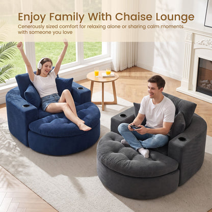 Oversized Dark Gray Round Chaise Lounge Sofa, Upholstered Lounge Chair with 3 Pillows, Boneless Sofa Couch with Ottoman, Deep Seat Chair for Living Room, Bedroom, No Assembly