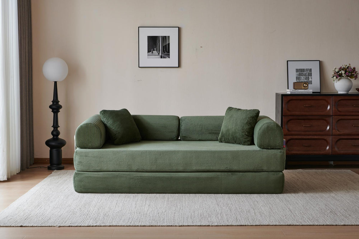 78.8' Compression Sofa,Convertible Floor Sofa Bed-with Pillow Back Support Armrest,Comfy Futon Couch Sleeper Bed,Loveseats Boneless Modular Sectional Sofa,Corduroy fabric,for Living Room,Bedroom,Green