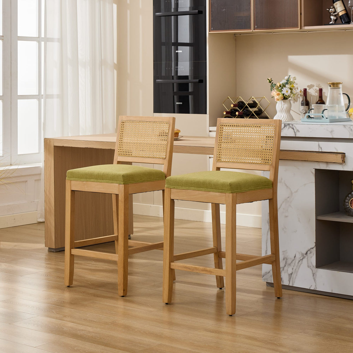 Full Solid Wood Rattan-Back Bar Stool, Matte Linen Cushion with High-Resilience Foam & S-Springs, Ideal for Rustic/Natural Style Kitchen Island, Low Bar in Dining Room & Café,Set of 2,Green,SW1872OL