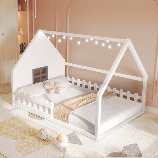Full Size Wood House Bed with Window and Fence, White (Old SKU: WF304147AAK)