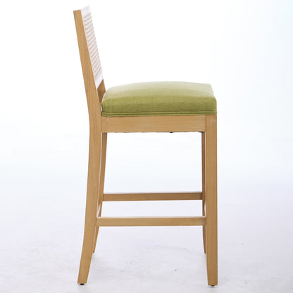 Full Solid Wood Rattan-Back Bar Stool, Matte Linen Cushion with High-Resilience Foam & S-Springs, Ideal for Rustic/Natural Style Kitchen Island, Low Bar in Dining Room & Café,Set of 2,Green,SW1872OL