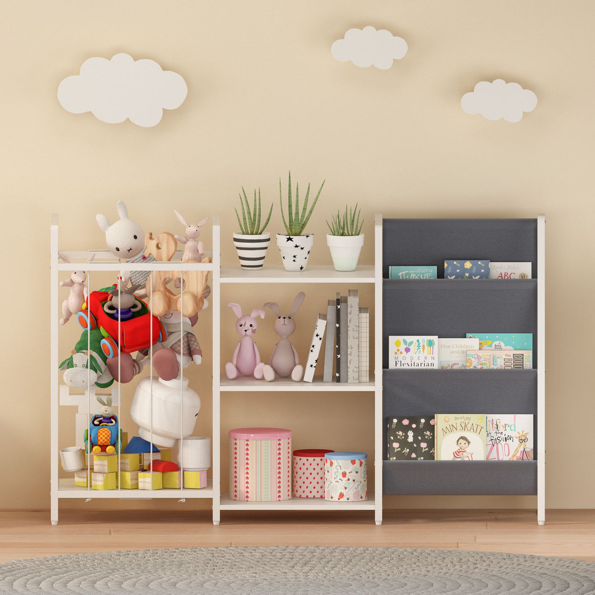 Kids Bookshelf and Toy Storage, 3-in-1 Book Shelf for Kids Rooms, Sling Baby Bookcase with Stuffed Animal Storage, Toddler Montessori Bookshelf for Nursery, Playroom, Kindergarten, Gray