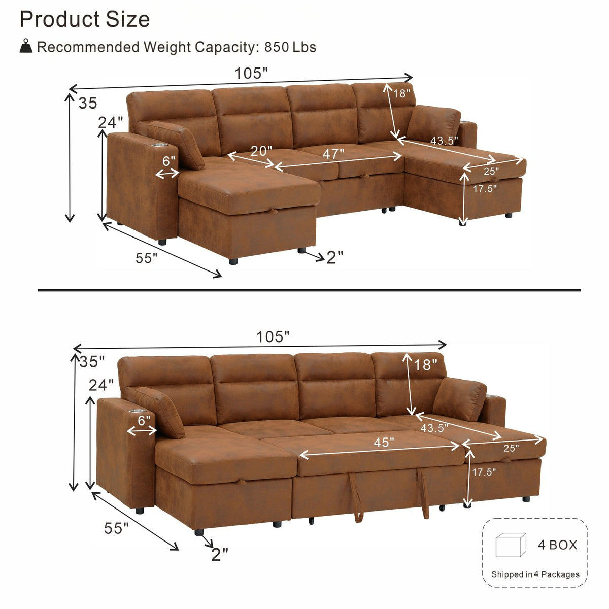 Convertible U-Shaped Sectional Sofa Bed with Double Storage Chaises, Pull-Out Sleeper, Cup Holders, and Lumbar Pillows
