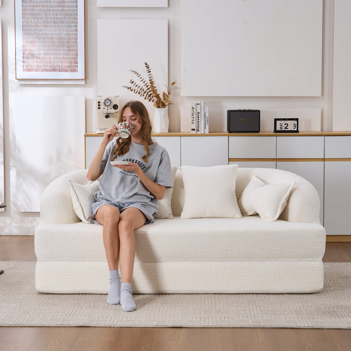 (Old Sku : W2231P392100) 2-in-1 Foldable Sofa Bed,70 Inch Folding Boneless Couch Convertible Compressed Sleeper Sofabed, 4 Pillows for Living Room Apartment, Milk White