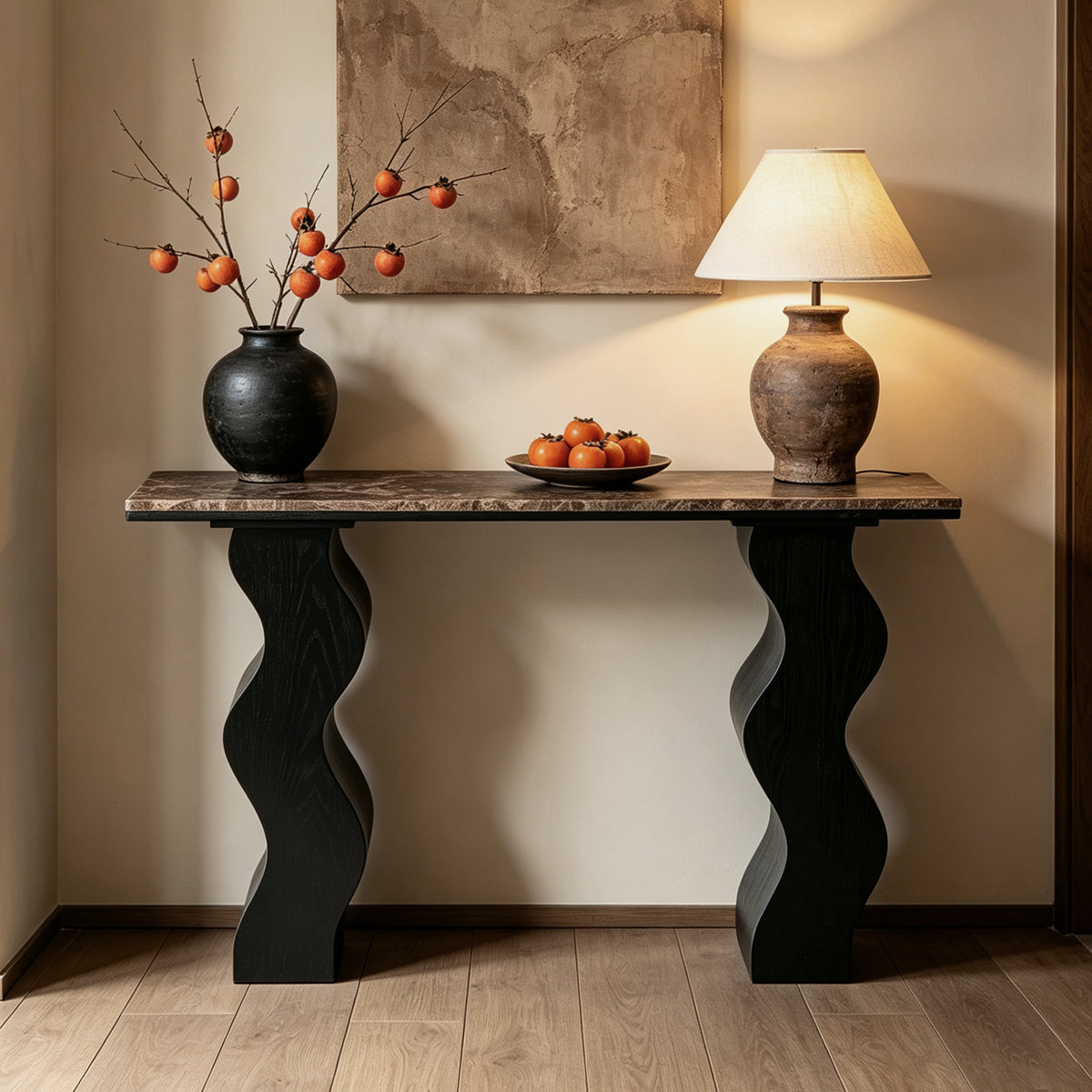 47.24' Marble Console Table, Entryway Table with Wave Black Wood Legs, Mid-Century Modern Sofa Table for Living Room, Hallway and Entryway