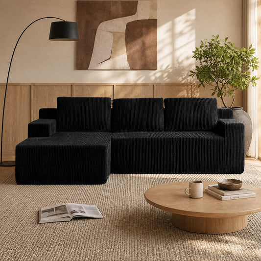 Corduroy Modular L Shaped Sectional Sofa,Luxury Floor Couch Set,Upholstered Indoor Furniture,Foam-Filled Compressed Sofa for Living Room,Bedroom,BLACK