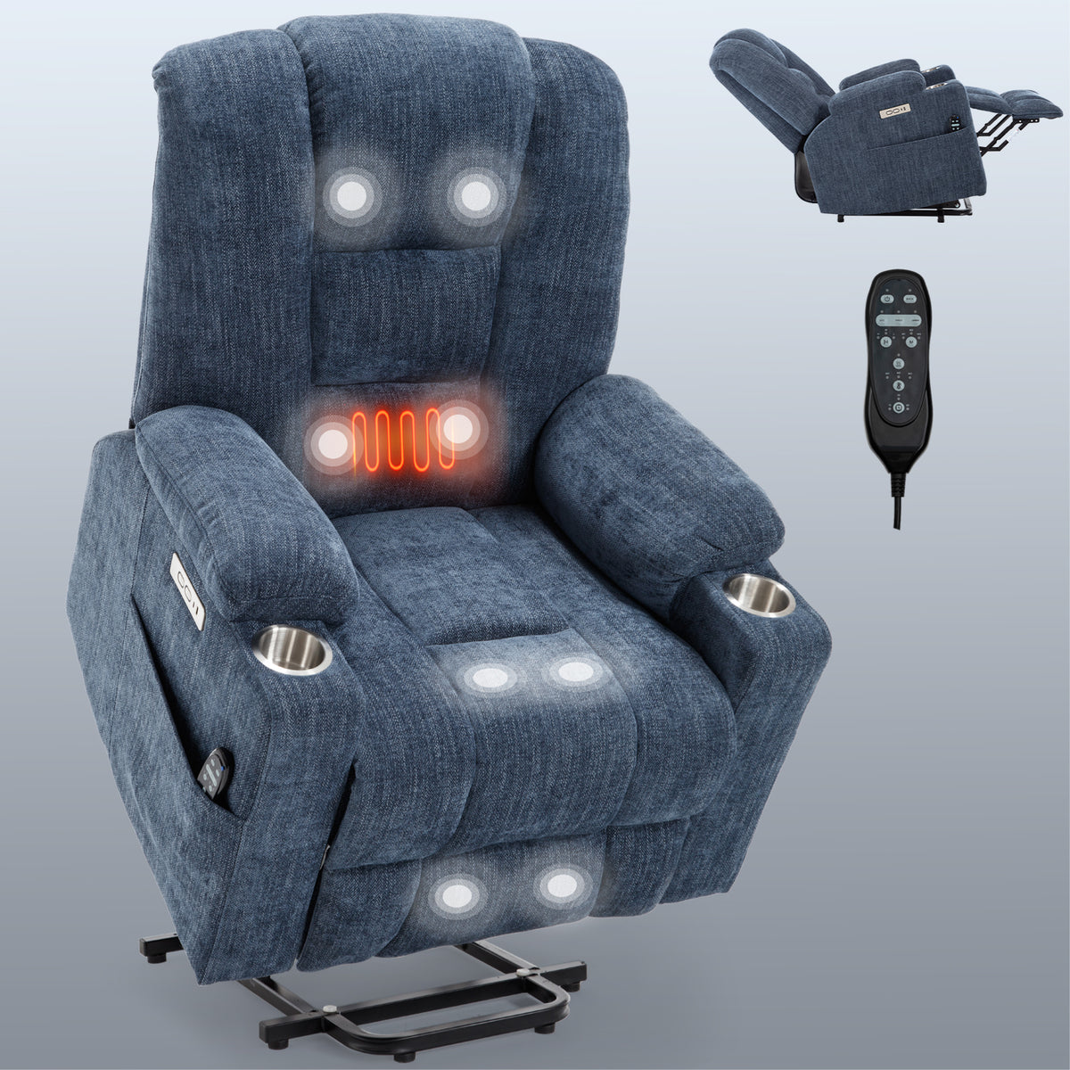 Power Lift Recliner Chair with Massage and Heat for Elderly, Overstuffed Wide Recliners, Heavy Duty Motion Mechanism with USB and Type C Ports, 2 Steel Cup Holders, Blue