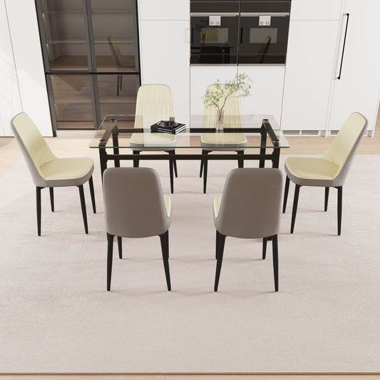 51' 6 person glass dining table set, kitchen set with black metal leg dining table and chairs, modern rectangular tempered glass tabletop and dining room thick cushioned PU dining chairs