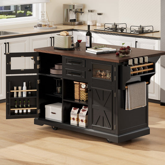 K&K 54.9" Kitchen Island with Drop Leaf, Power Outlet, Kitchen Storage Cart with 4 Door Shelves, Cross Barn Doors & Visual Glass Door – Black