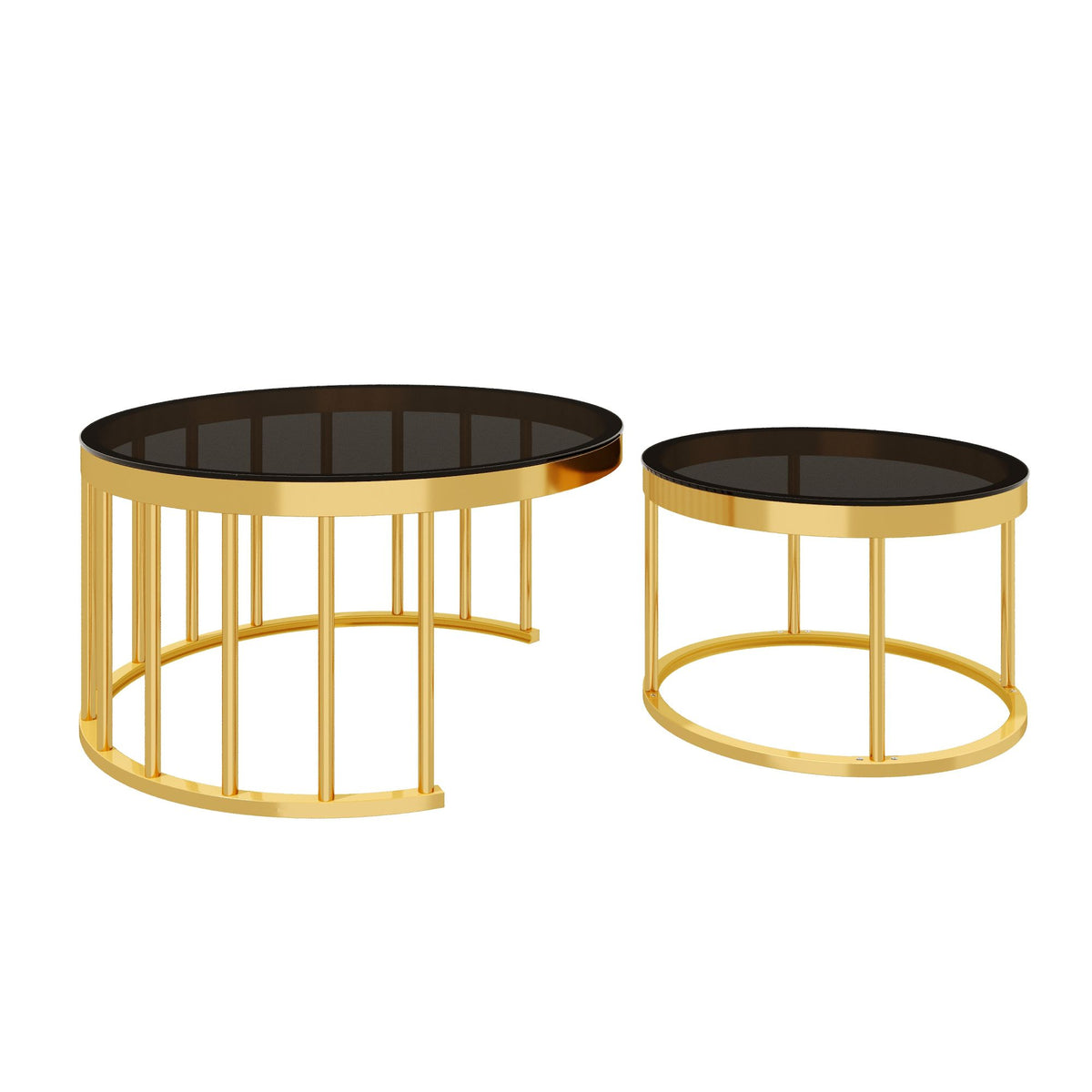 Round Nesting Coffee Table Set of 2, Modern Gold Metal Frame Circular Cocktail Table, Tempered Glass Top Accent Nesting Tables for Living Room, Apartment